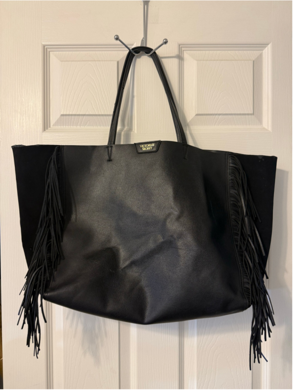 Victoria's Secret Black Faux Leather Fringe Tote Bag Large